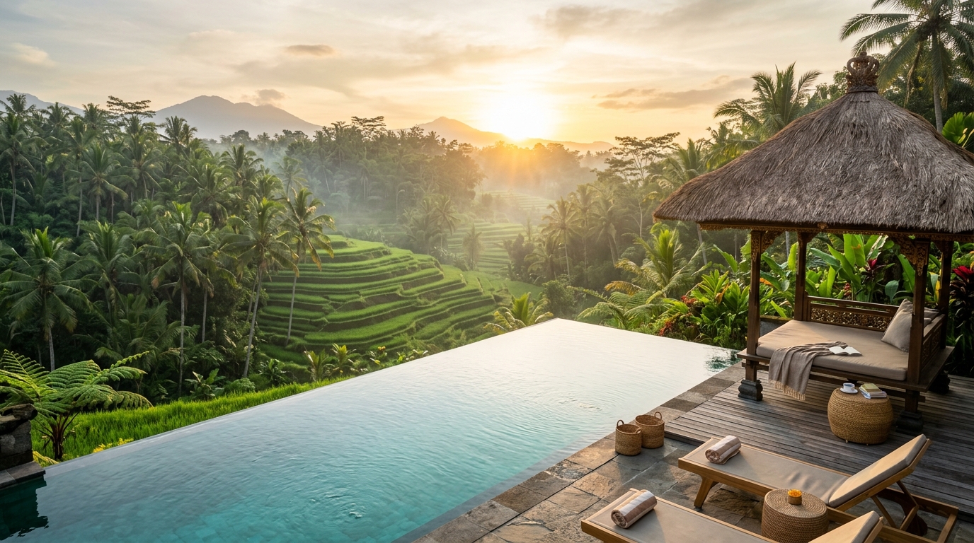 Golden sunrise over a private luxury infinity pool and emerald rice terraces in Ubud Bali