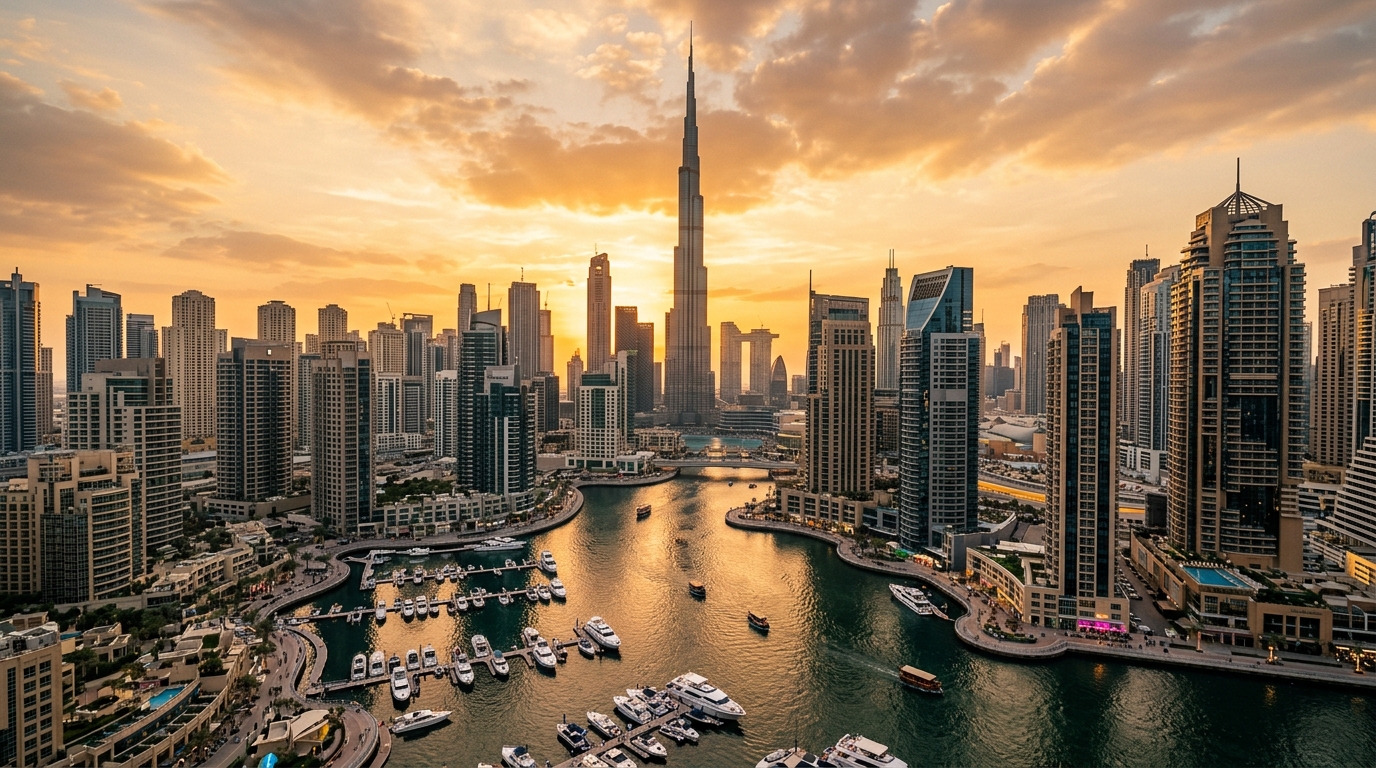 Panoramic sunset view of Dubai skyline, Burj Khalifa, and Dubai Marina canals