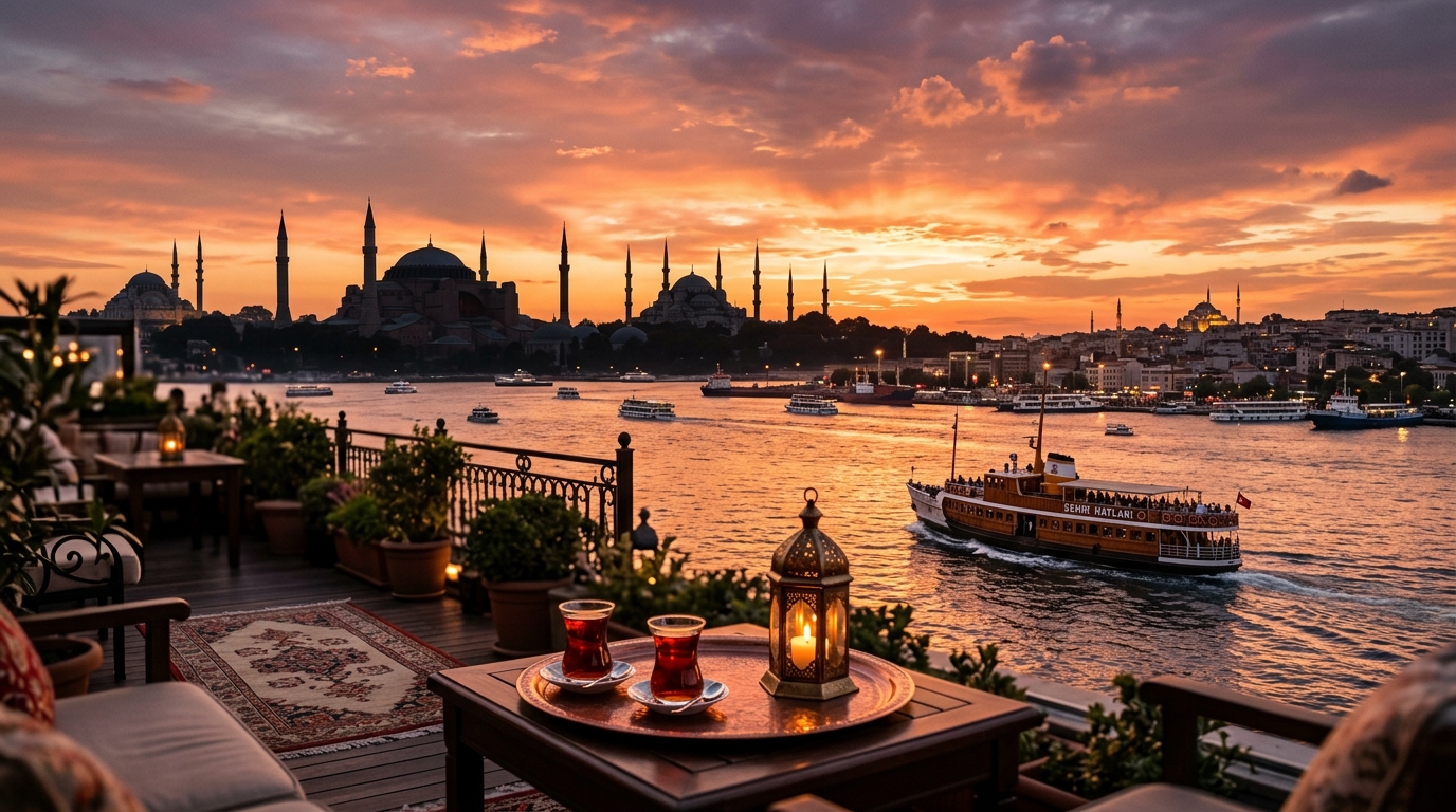 Panoramic golden hour sunset over the Bosphorus Strait, historic passenger ferry, and minarets of Hagia Sophia in Istanbul