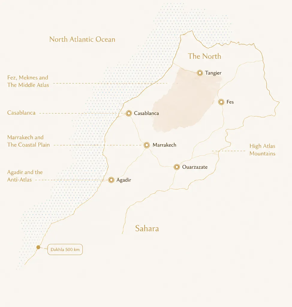 Morocco map with destinations and routes