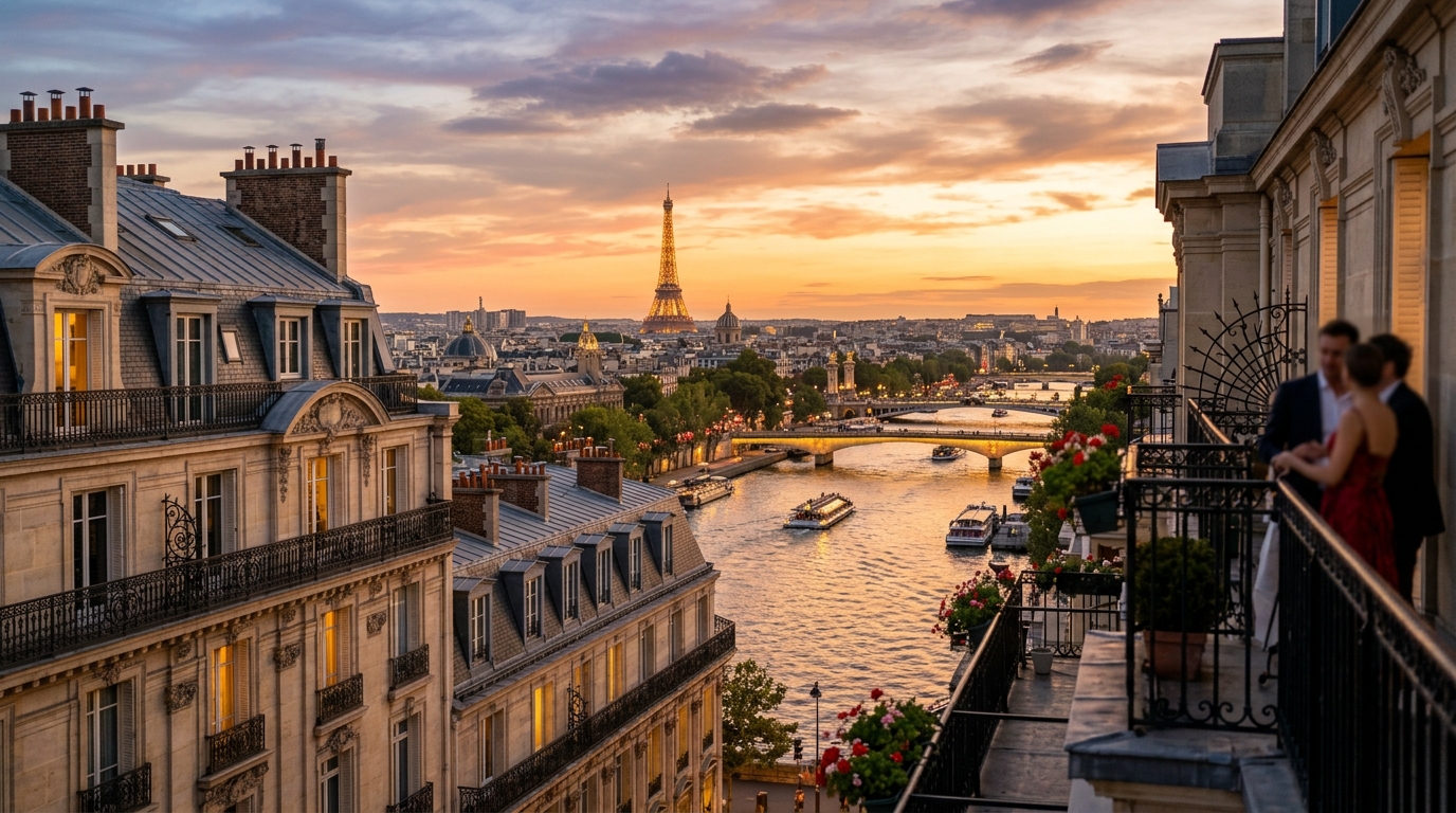 Golden sunset panoramic view over the Seine river, Haussmannian balconies, and Eiffel Tower in Paris