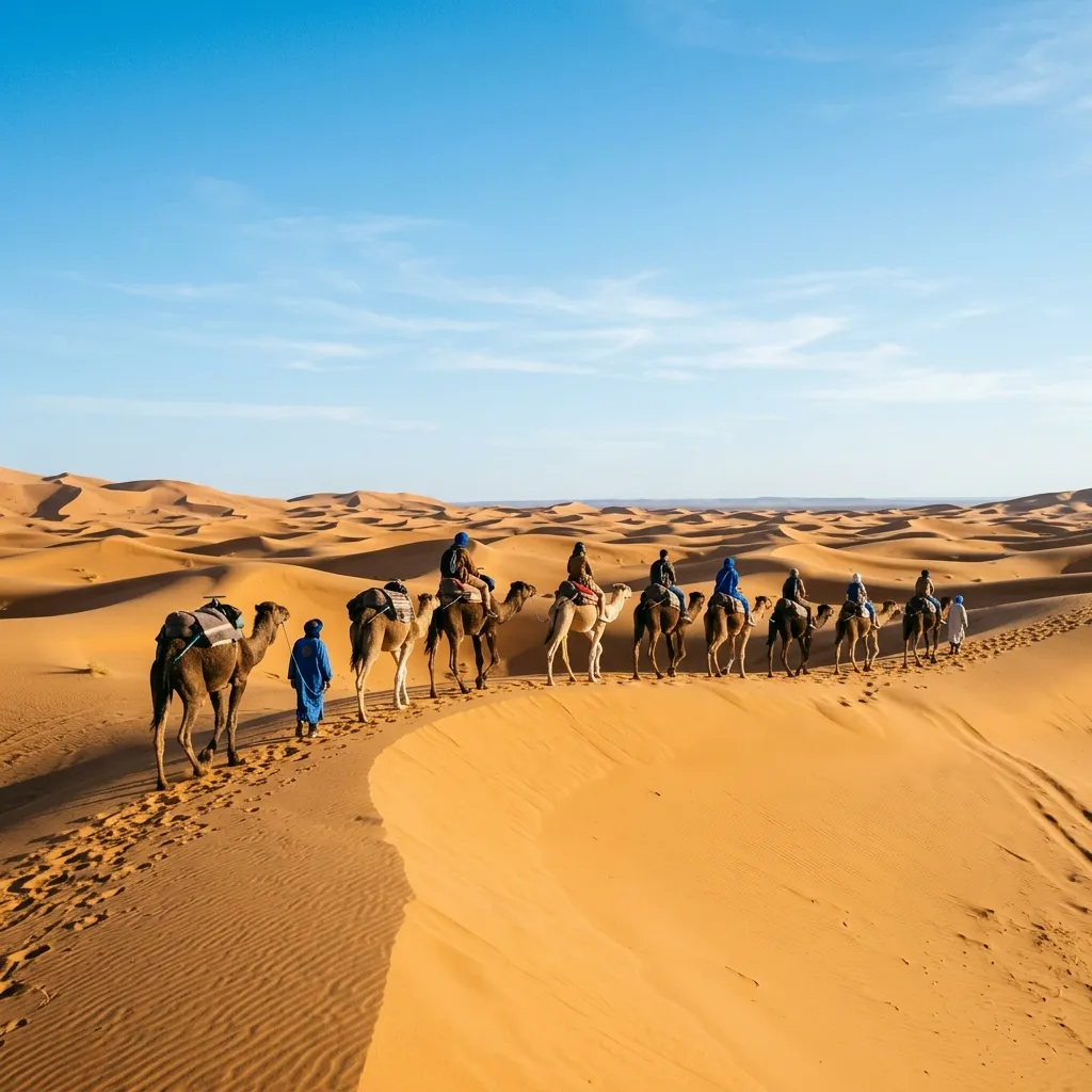 Spring in the Sahara Desert, Morocco with a camel caravan