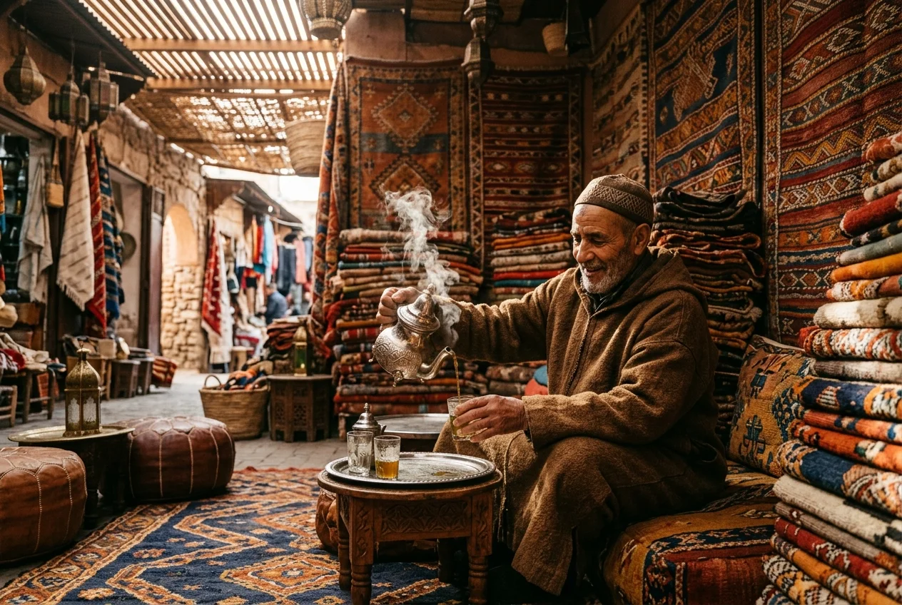 Elderly Moroccan Berber merchant in traditional woolen djellaba pouring fresh mint tea in an authentic Marrakech carpet souk surrounded by handwoven textiles