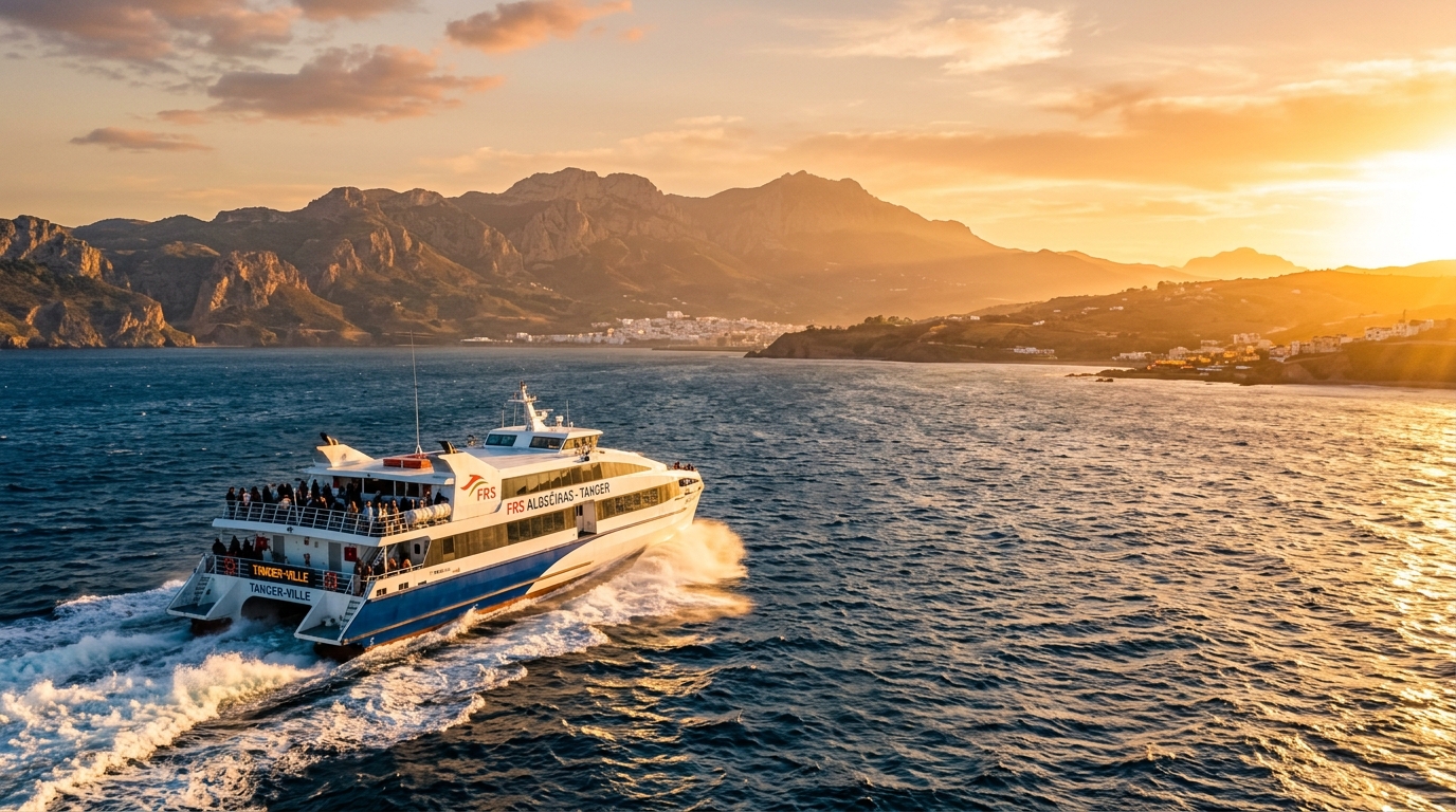 High-speed catamaran passenger ferry crossing the blue Strait of Gibraltar from Spain toward the sun-drenched northern Moroccan coast