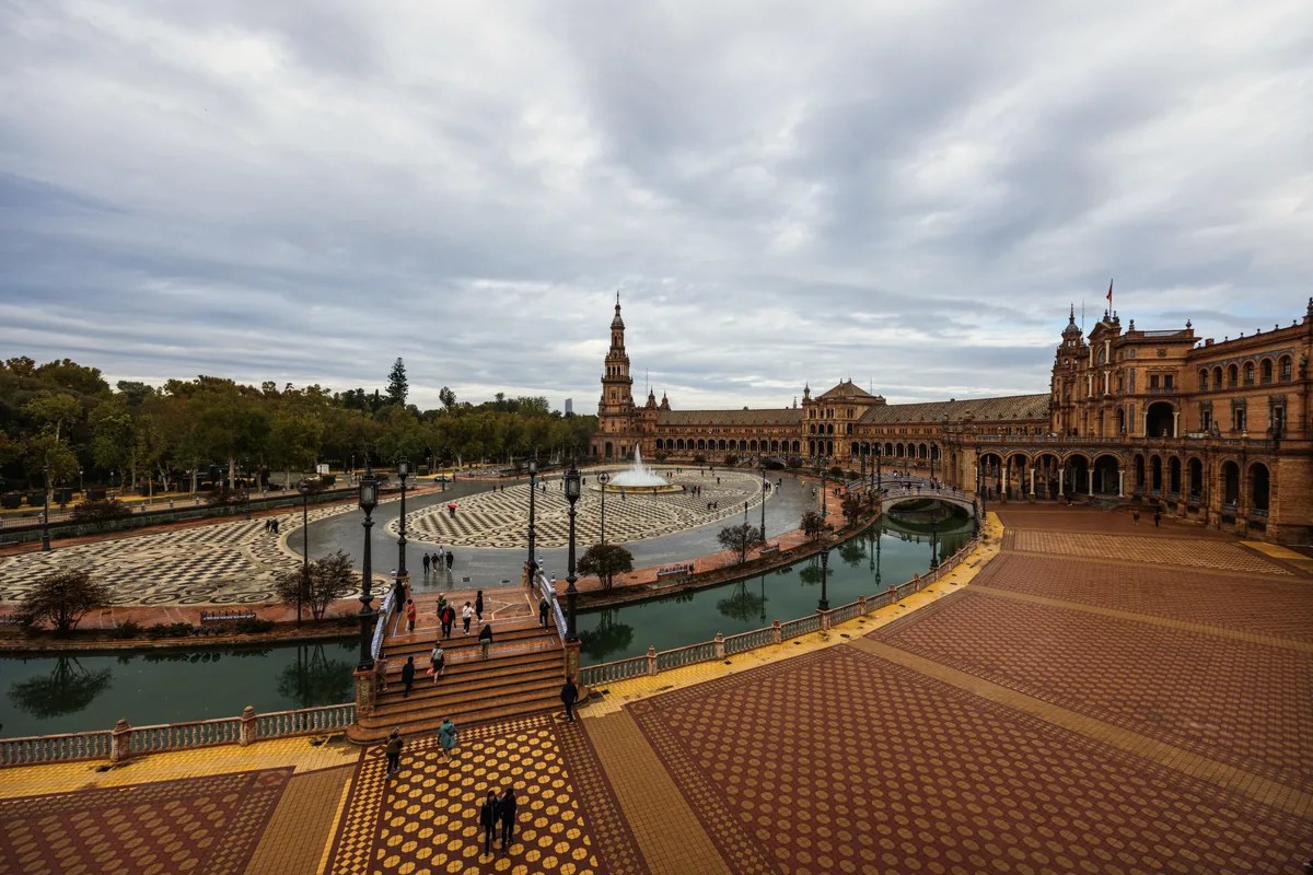 Plaza de Espana in Seville Spain with Moorish revival bridges and canal pavilions