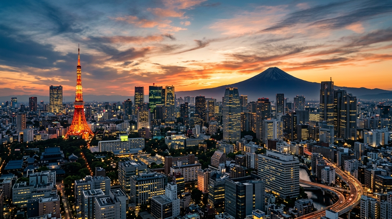 Panoramic sunset view of Tokyo skyline with Tokyo Tower and Mount Fuji silhouette